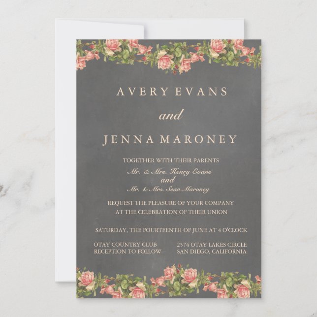 Invitación a la boda de flores rosas de cartón pin (Anverso)