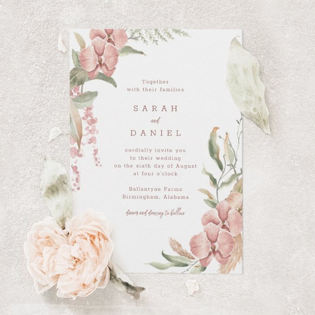 Invitación a la boda de flores rosas y vegetación  (Subido por el creador)