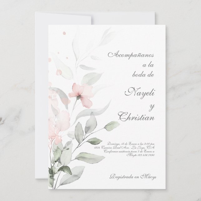Invitación a la boda de flores rosas y verdes (Anverso)