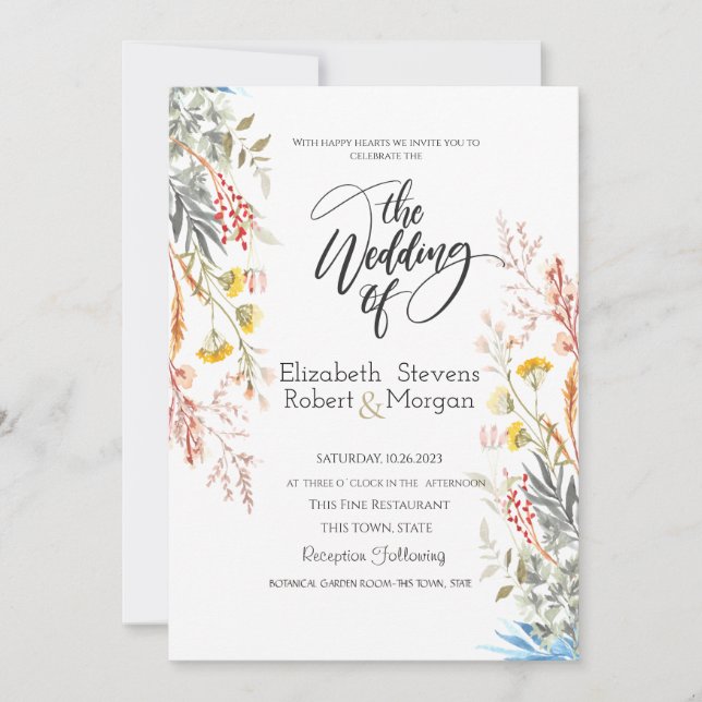 Invitación a la boda de flores silvestres acuarela (Anverso)