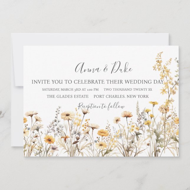Invitación a la boda de flores silvestres amarilla (Anverso)
