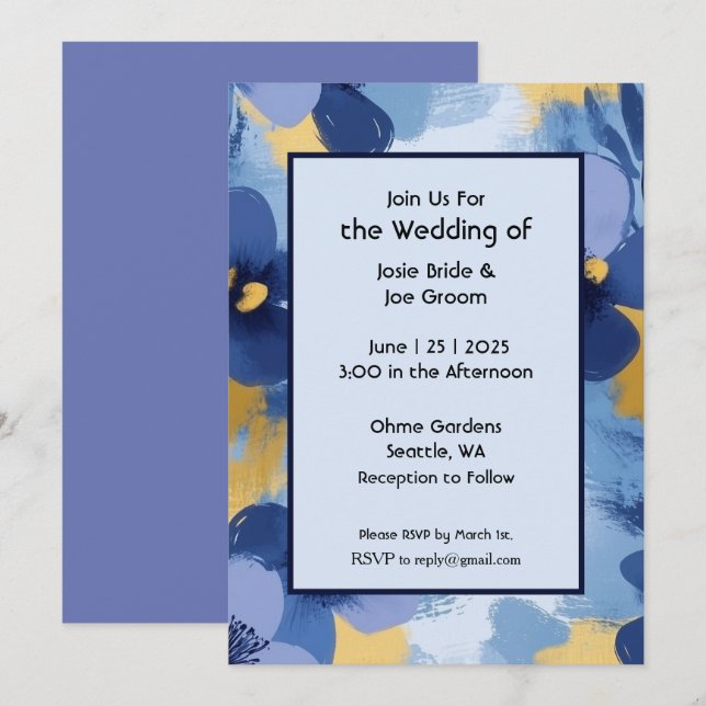 Invitación a la boda de flores silvestres azules y (Anverso / Reverso)