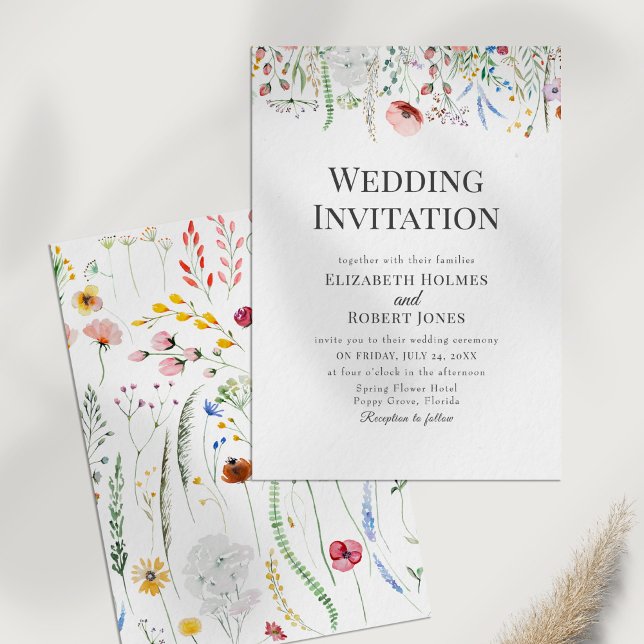 Invitación a la boda de flores silvestres bohemias (Bohemian Watercolor Wildflower Wedding Invite on a white table.)