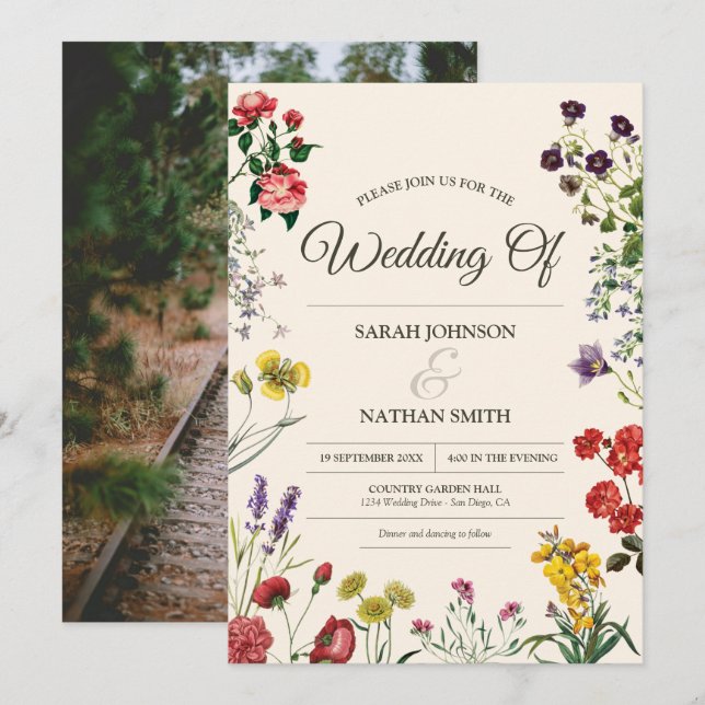 Invitación a la boda de flores silvestres con foto (Anverso / Reverso)