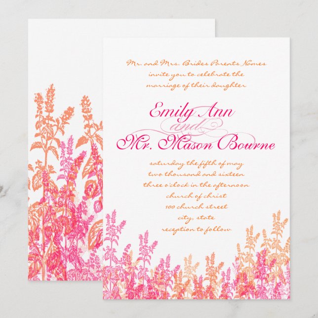 Invitación a la boda de flores silvestres de coral (Anverso / Reverso)