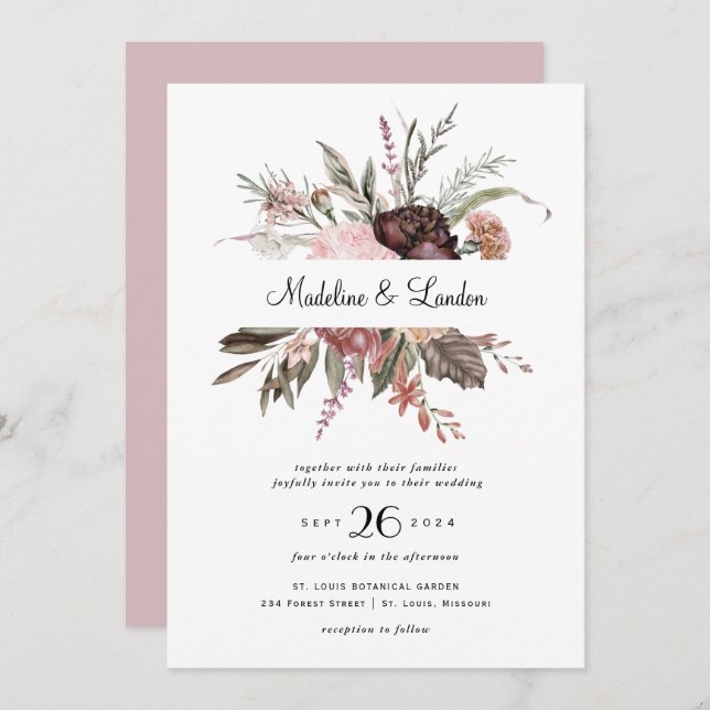 Invitación a la boda de flores silvestres de Rubor (Anverso / Reverso)