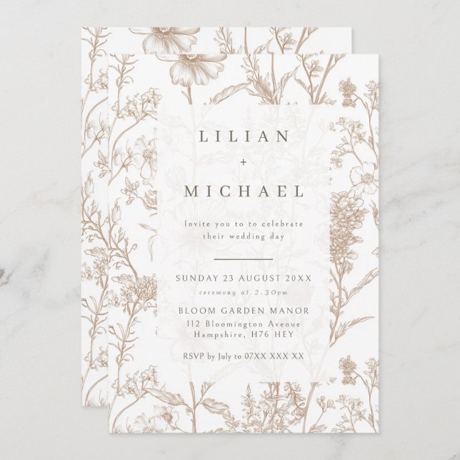 Invitación a la boda de flores silvestres en el as (Anverso / Reverso)