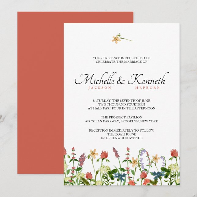 Invitación a la boda de flores silvestres en el pa (Anverso / Reverso)