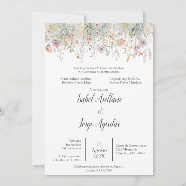 Invitación a la boda de flores silvestres en Españ (Anverso)