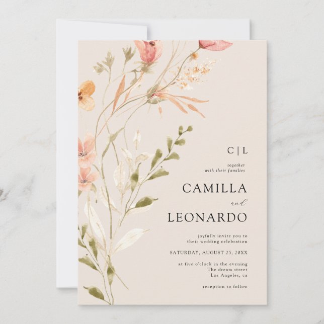 Invitación a la boda de flores silvestres rusticas (Anverso)