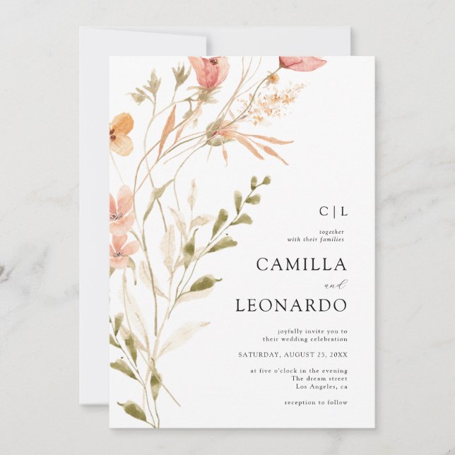 Invitación a la boda de flores silvestres rusticas (Anverso)