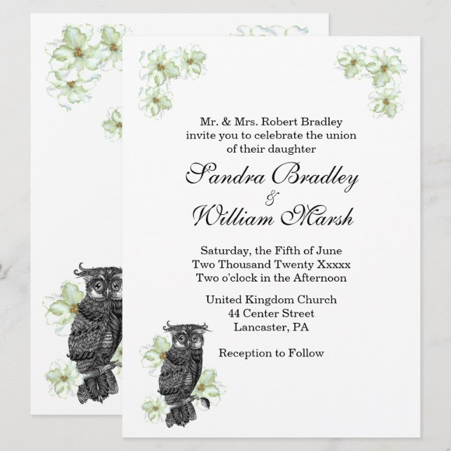 Invitación a la boda de Flores Verdes Wise Owl (Anverso / Reverso)