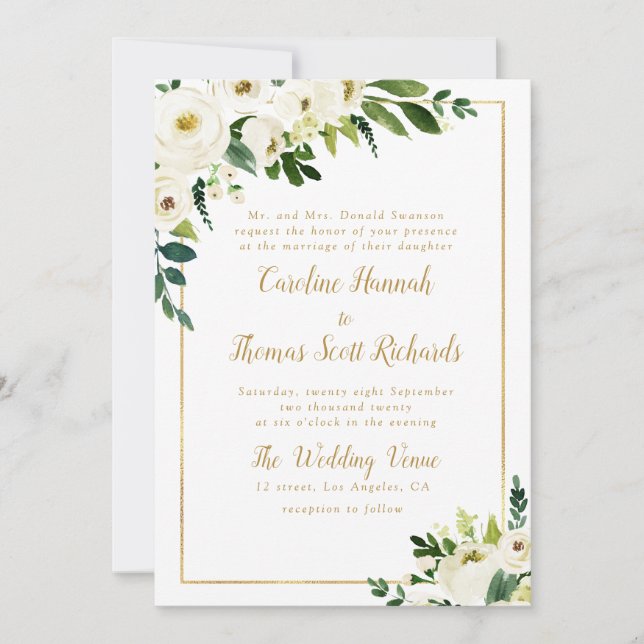 invitación a la boda de flores verdes y doradas mo (Anverso)