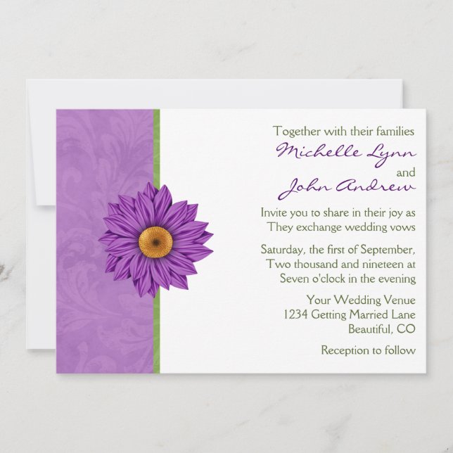 Invitación a la boda de flores verdes y moradas de (Anverso)