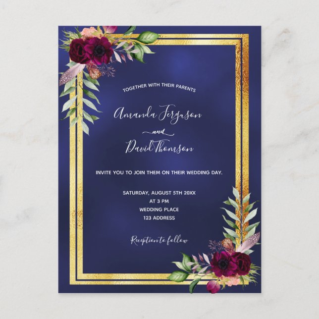 Invitación a la boda de florines de oro azul marin (Anverso)