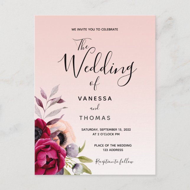 invitación a la boda de florines de oro burdeos de (Anverso)