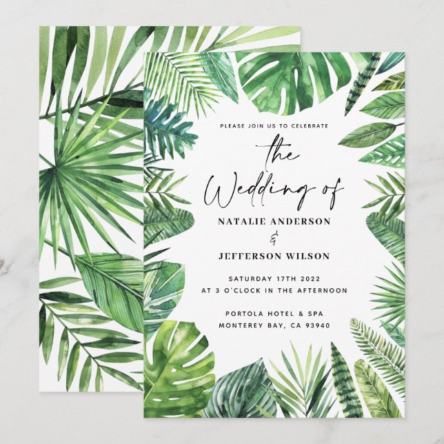 Invitación a la boda de follaje de hojas de palma  (Anverso / Reverso)