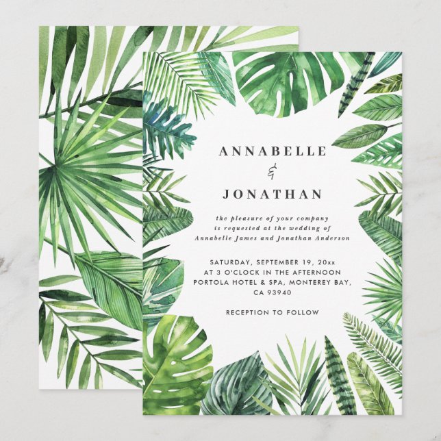 Invitación a la boda de follaje de hojas de palma  (Anverso / Reverso)