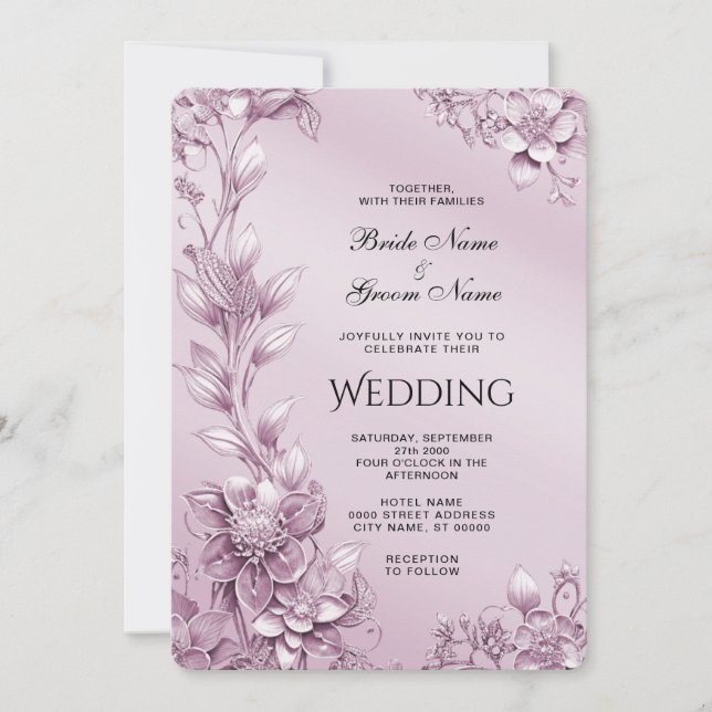 Invitación a la boda de follaje floral rosa (Anverso)