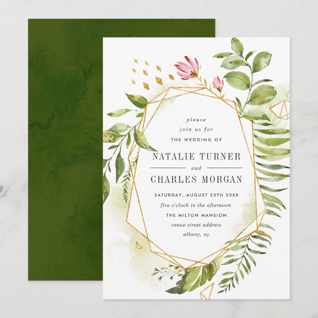 Invitación a la boda de follaje floral verde acuar (Anverso / Reverso)