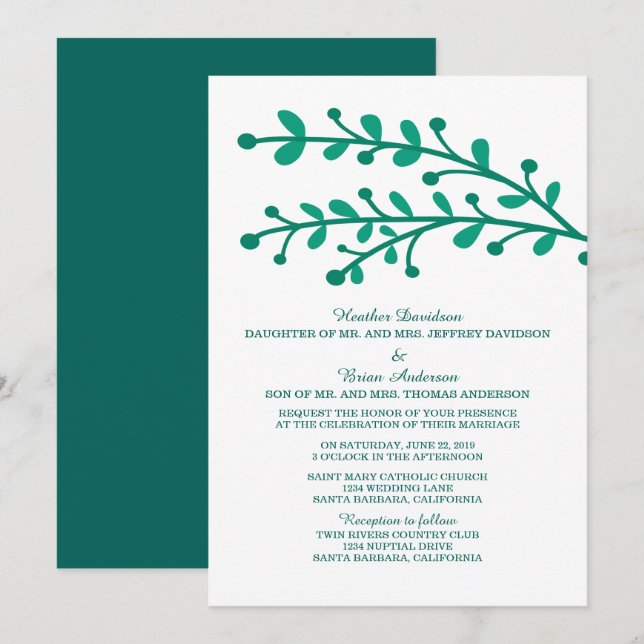 Invitación a la boda de follaje simple verde (Anverso / Reverso)