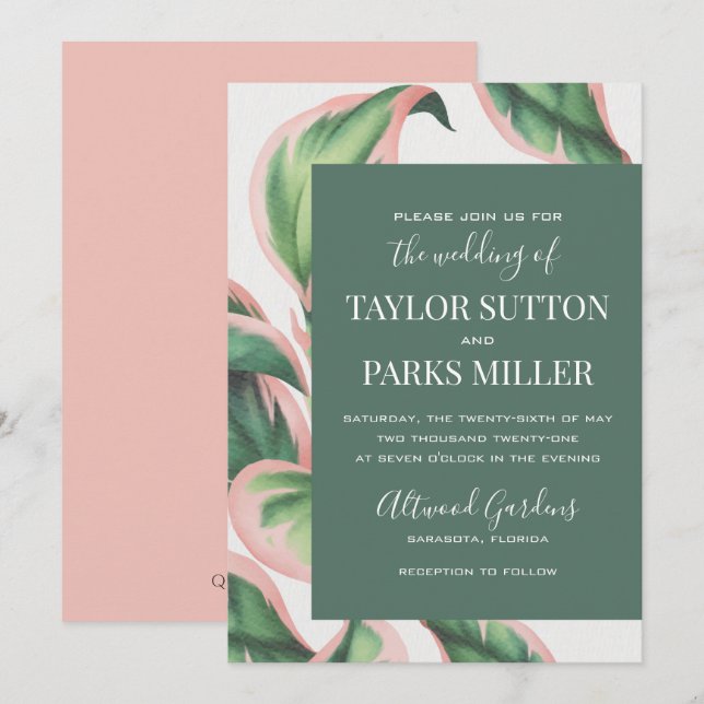 Invitación a la boda de follaje tropical rosa y ve (Anverso / Reverso)