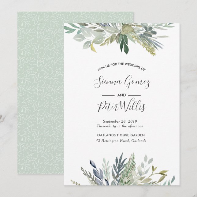 Invitación a la boda de follaje verde (Anverso / Reverso)