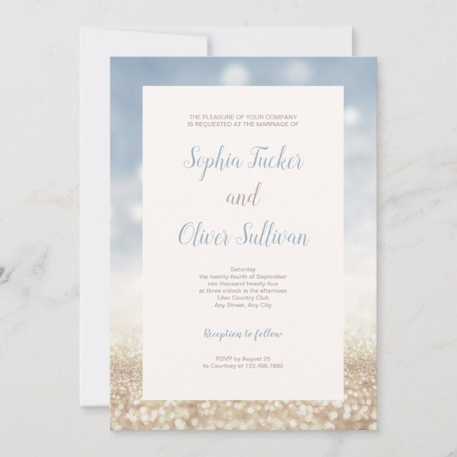 Invitación a la boda de fondo de Purpurina azul y  (Anverso)