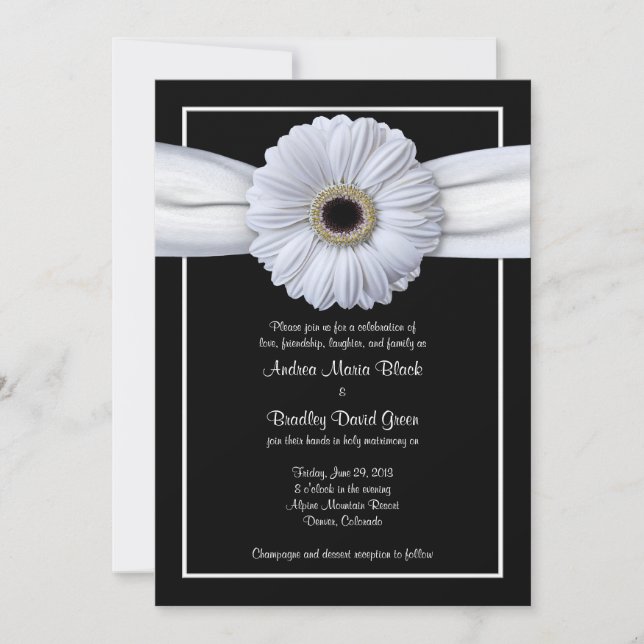 Invitación a la boda de fondo negro de Gerbera bla (Anverso)
