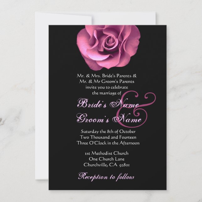 Invitación a la boda de fondo negro rosa rosa (Anverso)