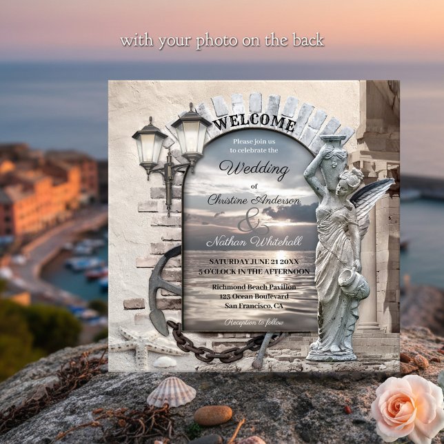 Invitación a la boda de fotos clásicas italianas (Italian wedding invitation with a nautical theme, featuring a coastal scene with angel and lanterns)