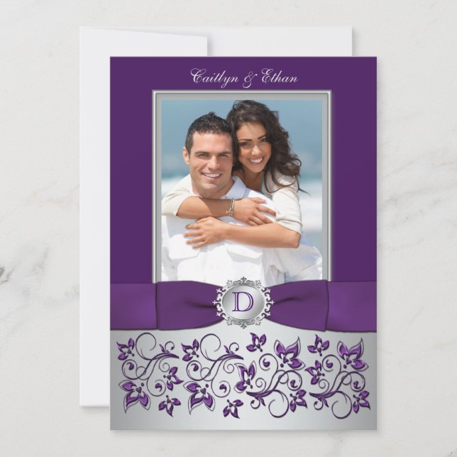 Invitación a la boda de fotos con flores moradas y (Anverso)