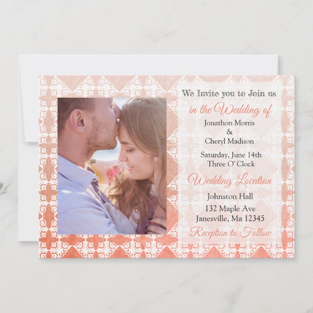 Invitación a la boda de fotos de Coral Damask (Anverso)