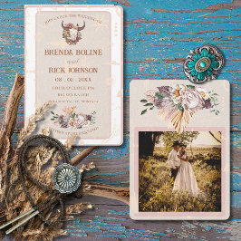 Invitación a la boda de fotos de cuero blanco Boho