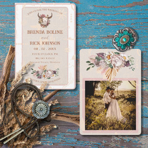Invitación a la boda de fotos de cuero blanco Boho