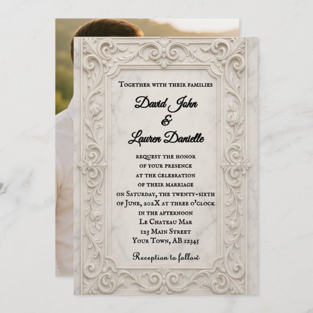 Invitación a la boda de fotos de Marble Mystique (Anverso / Reverso)