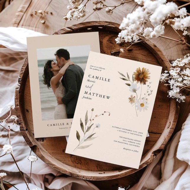 Invitación a la boda de fotos del Boho de Flor Sil (Autumn Floral Wedding Invitation with photo)