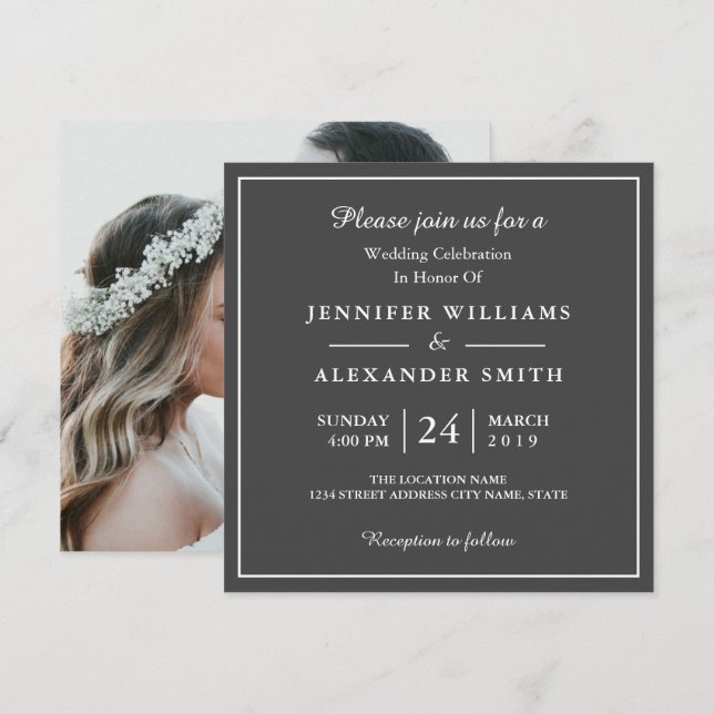 Invitación a la boda de fotos elegante y gris oscu (Anverso / Reverso)