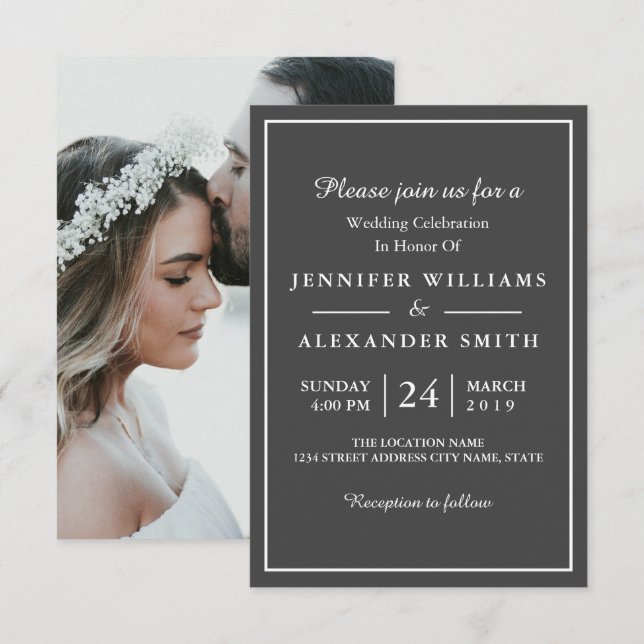 Invitación a la boda de fotos elegante y gris oscu (Anverso / Reverso)