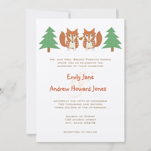 Invitación a la boda de Fox y Pine Tree Rústica (Anverso)