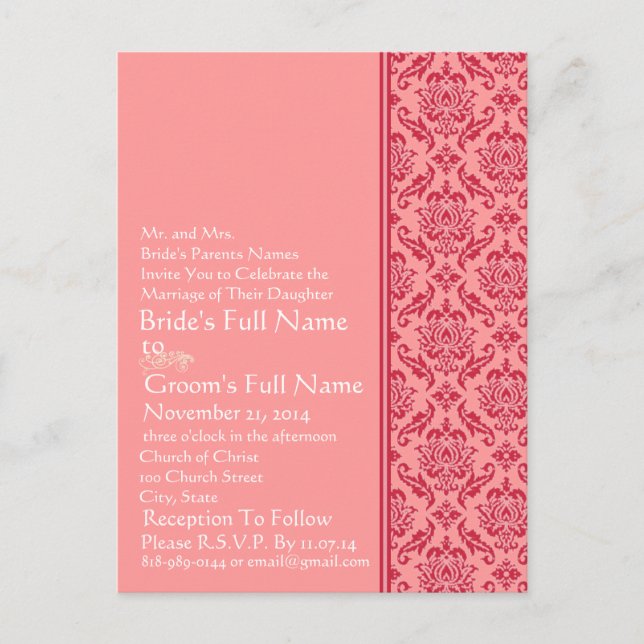 Invitación a la boda de frambuesa y damasco blanco (Anverso)