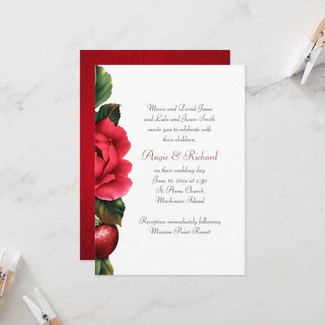 Invitación a la boda de fresa y rosas rojas (Anverso/Reverso In Situ)