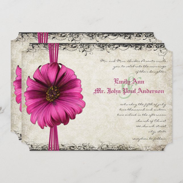 Invitación a la boda de Fuchsia Gerber Daisy (Anverso / Reverso)