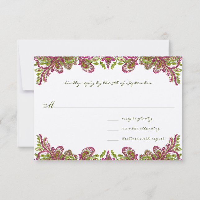 Invitación a la boda de Fuchsia y Lime Paisley (Reverso)