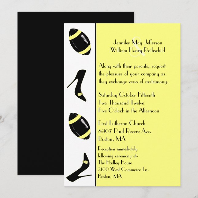 Invitación a la boda de fútbol amarillo y negro (Anverso / Reverso)