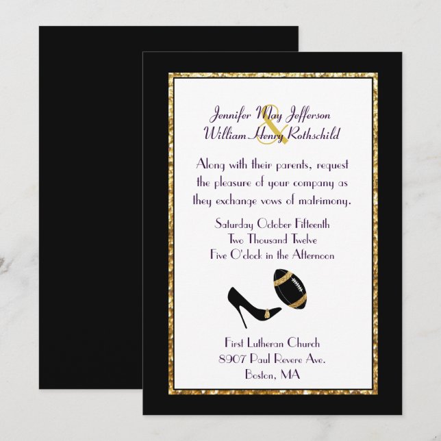 Invitación a la Boda de Fútbol Negra y Oro (Anverso / Reverso)
