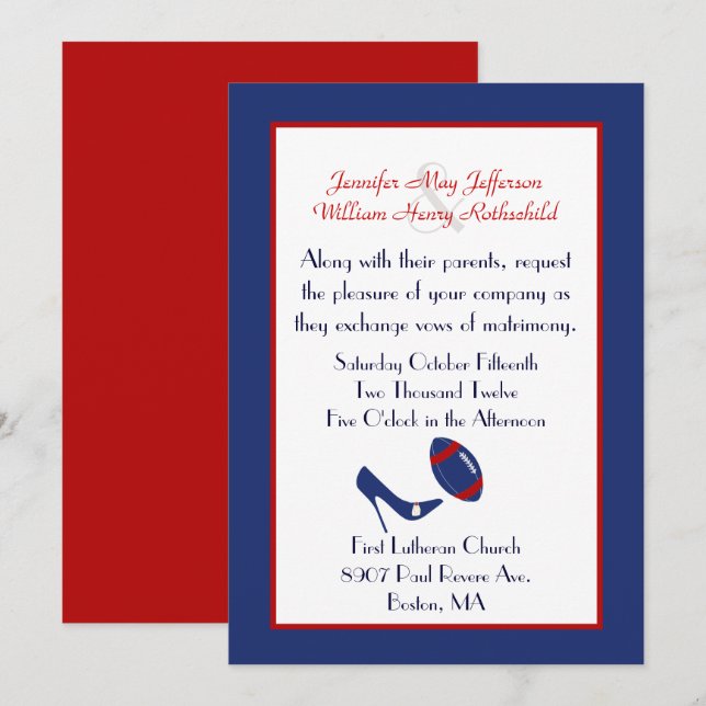 Invitación a la Boda de Fútbol Roja, Blanca y Azul (Anverso / Reverso)