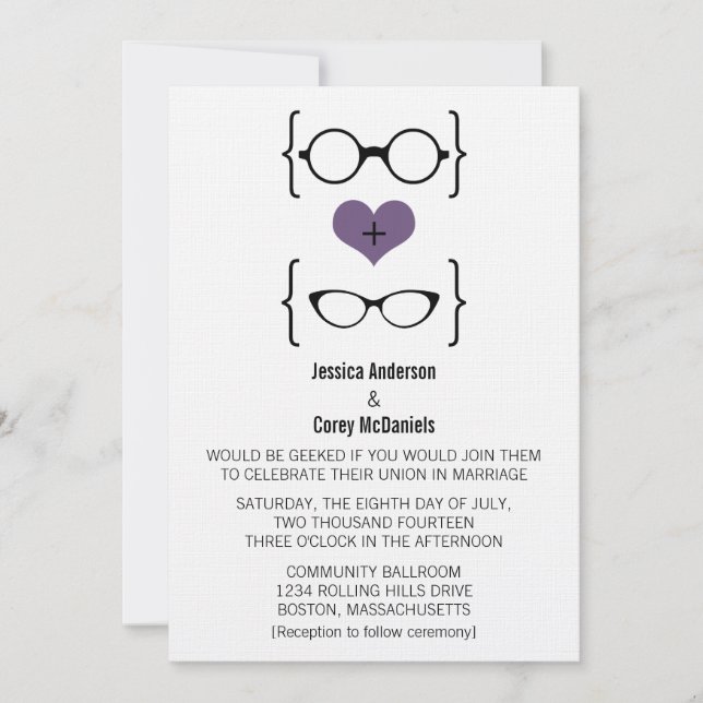 Invitación a la boda de gafas Geek púrpura (Anverso)