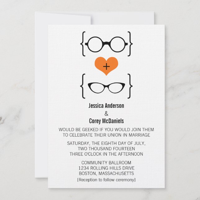 Invitación a la boda de gafas geeky naranja (Anverso)