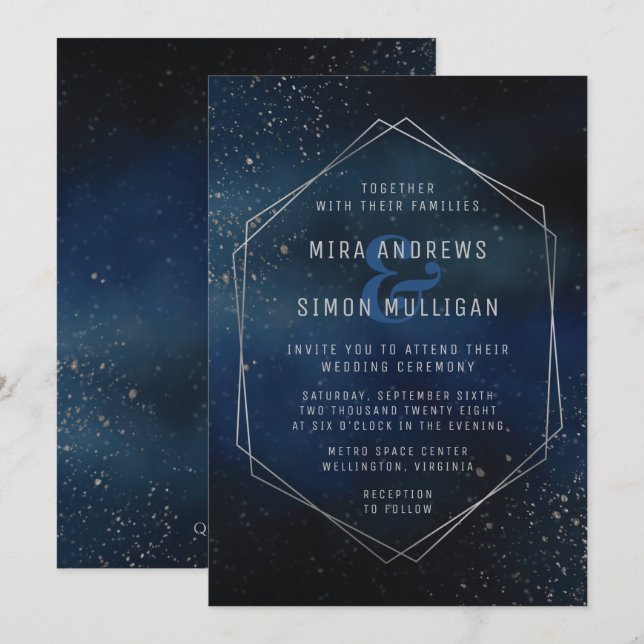 Invitación a la boda de galaxia plateada (Anverso / Reverso)